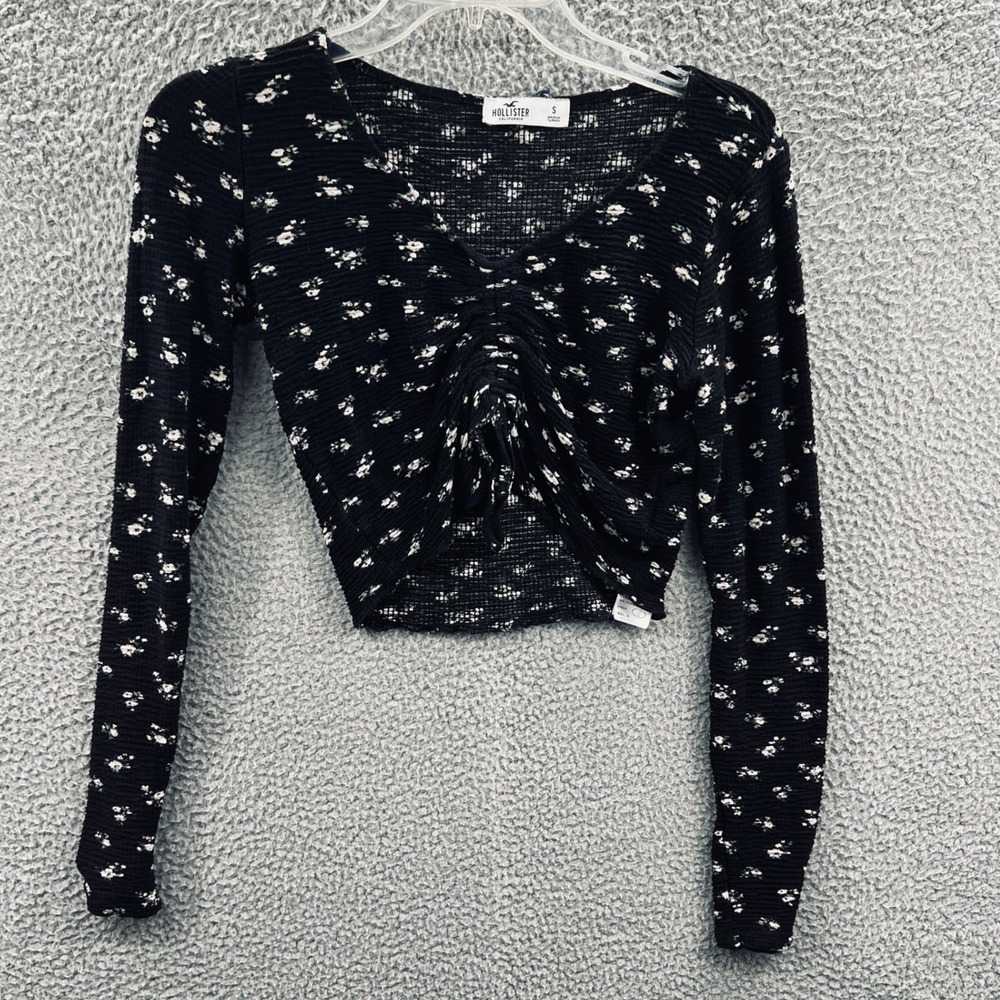 Hollister Womens Crop Top Small Black Ditsy Floral Y2K Ruched Indie Cottagecore